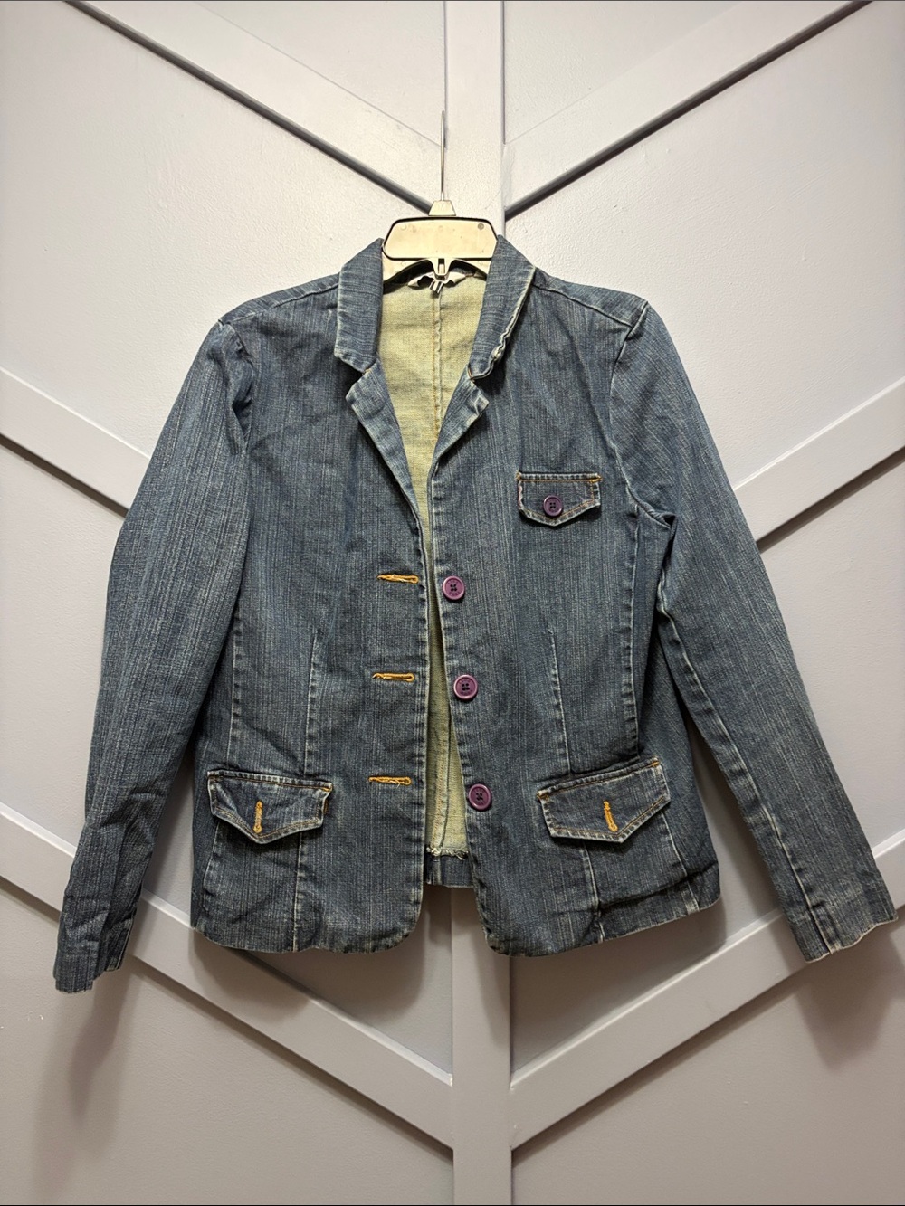 Izod Women's Fitted Blue Denim Jacket with Purple Buttons